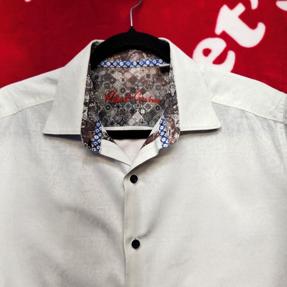 Robert Graham Mens XL White Paisley Short Sleeve Button Up Shirt Classic Fit